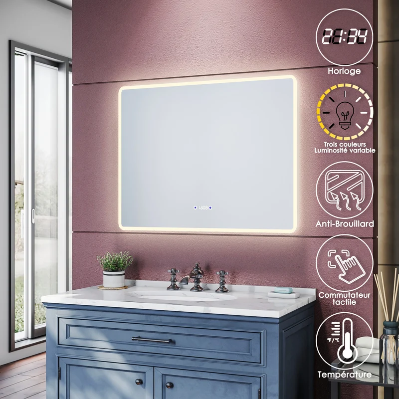 SIRHONA Miroir de salle de bains 900x700x35mm - Miroir mural cosmétique LED - Trois températures de couleur - Anti-buée avec réglage de l'heure