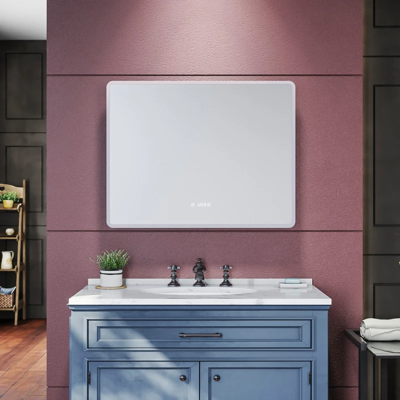 SIRHONA Miroir de salle de bains 900x700x35mm - Miroir mural cosmétique LED - Trois températures de couleur - Anti-buée avec réglage de l'heure