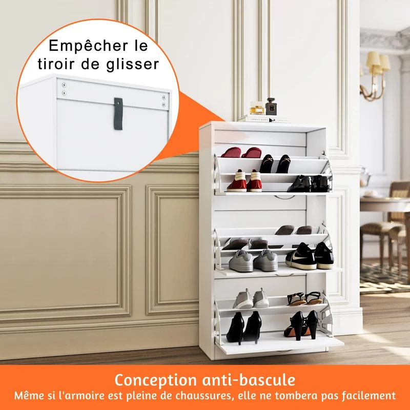 SIRHONA Meuble à chaussures en bois Meuble de rangement en bois de haute qualité avec cloisons amovibles 63 x 30 x 120 cm
