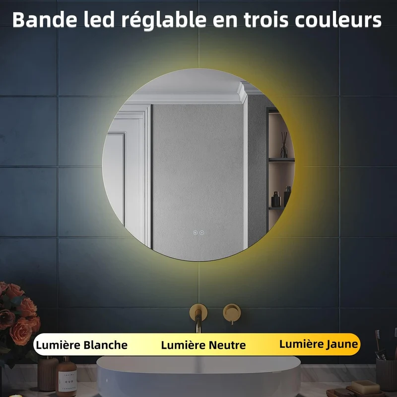 SIRHONA Miroir Rond Salle de Bain LED Miroir Lumineux Salle de Bain avec Eclairage Intégré, 3 températures de Couleur, Anti-buée