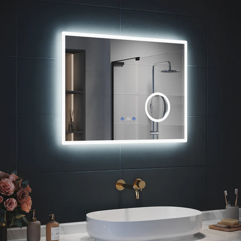 SIRHONA 3X loupe Miroir LED Salle de Bain avec éclairage, Miroir avec Horloge Numérique, Miroir Lumineux Salle de Bain Anti-Buée, 80/100x60cm