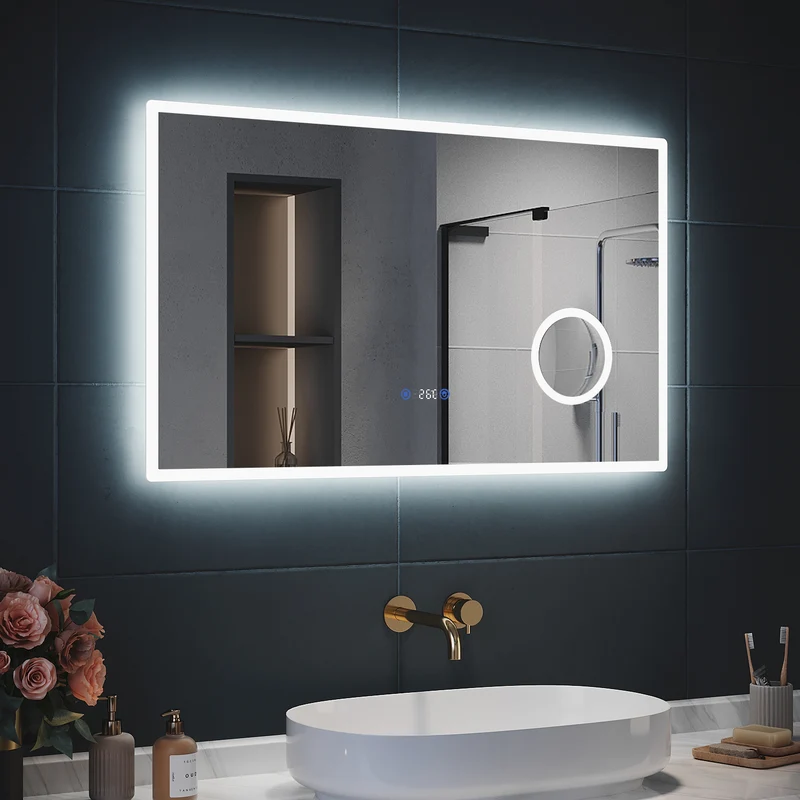 SIRHONA 3X loupe Miroir LED Salle de Bain avec éclairage, Miroir avec Horloge Numérique, Miroir Lumineux Salle de Bain Anti-Buée, 80/100x60cm