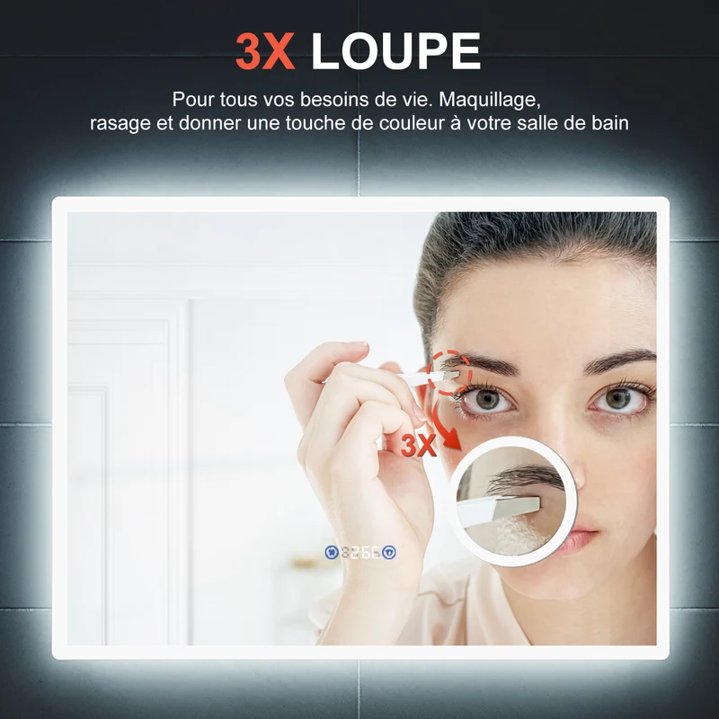 SIRHONA 3X loupe Miroir LED Salle de Bain avec éclairage, Miroir avec Horloge Numérique, Miroir Lumineux Salle de Bain Anti-Buée, 80/100x60cm
