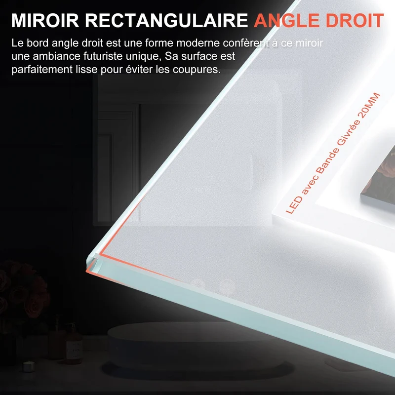 SIRHONA 3X loupe Miroir LED Salle de Bain avec éclairage, Miroir avec Horloge Numérique, Miroir Lumineux Salle de Bain Anti-Buée, 80/100x60cm
