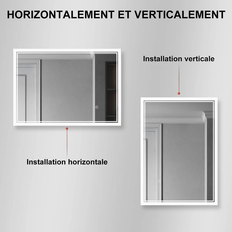 SIRHONA 3X loupe Miroir LED Salle de Bain avec éclairage, Miroir avec Horloge Numérique, Miroir Lumineux Salle de Bain Anti-Buée, 80/100x60cm