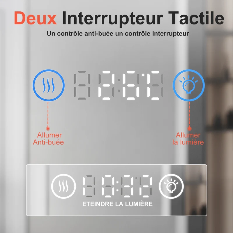 SIRHONA 3X loupe Miroir LED Salle de Bain avec éclairage, Miroir avec Horloge Numérique, Miroir Lumineux Salle de Bain Anti-Buée, 80/100x60cm