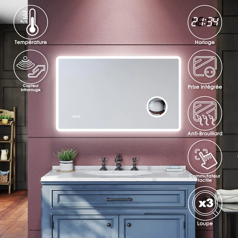 SIRHONA Miroir de salle de bains Anti-buée avec éclairage led Avec prise rasoir Miroir grossissant 3X 1000 x 600 x 40mm