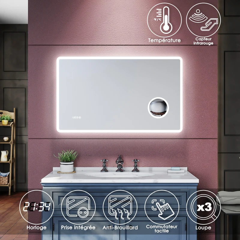 SIRHONA Miroir de salle de bains Anti-buée avec éclairage led Avec prise rasoir Miroir grossissant 3X 1000 x 600 x 40mm