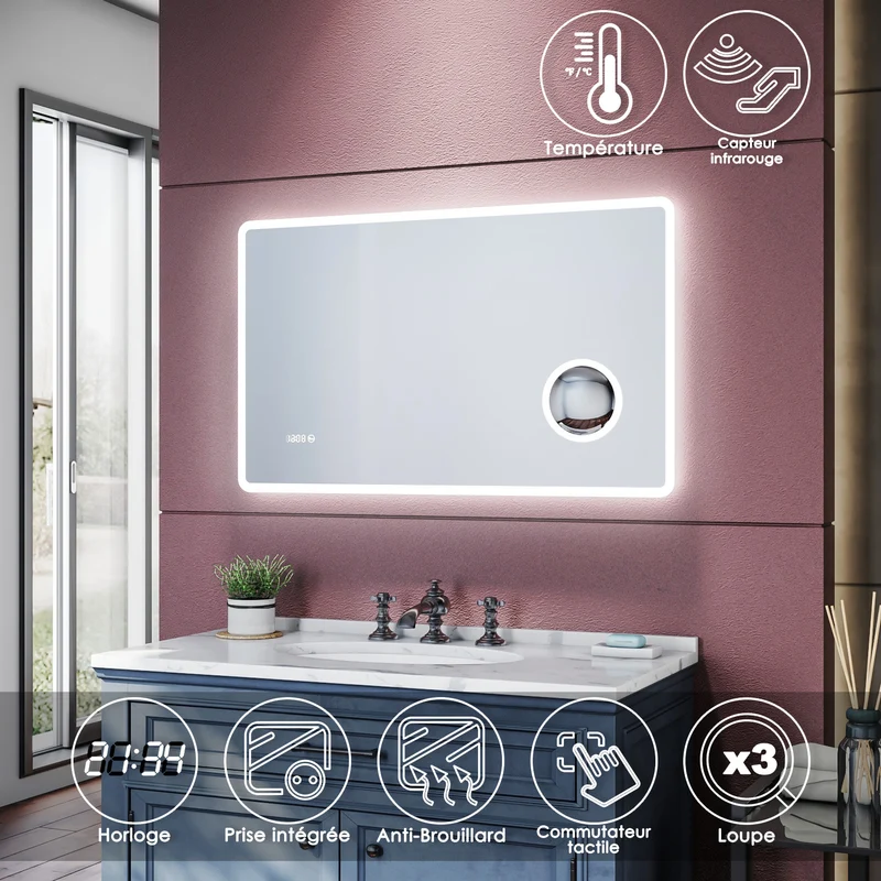 SIRHONA Miroir de salle de bains Anti-buée avec éclairage led Avec prise rasoir Miroir grossissant 3X 1000 x 600 x 40mm