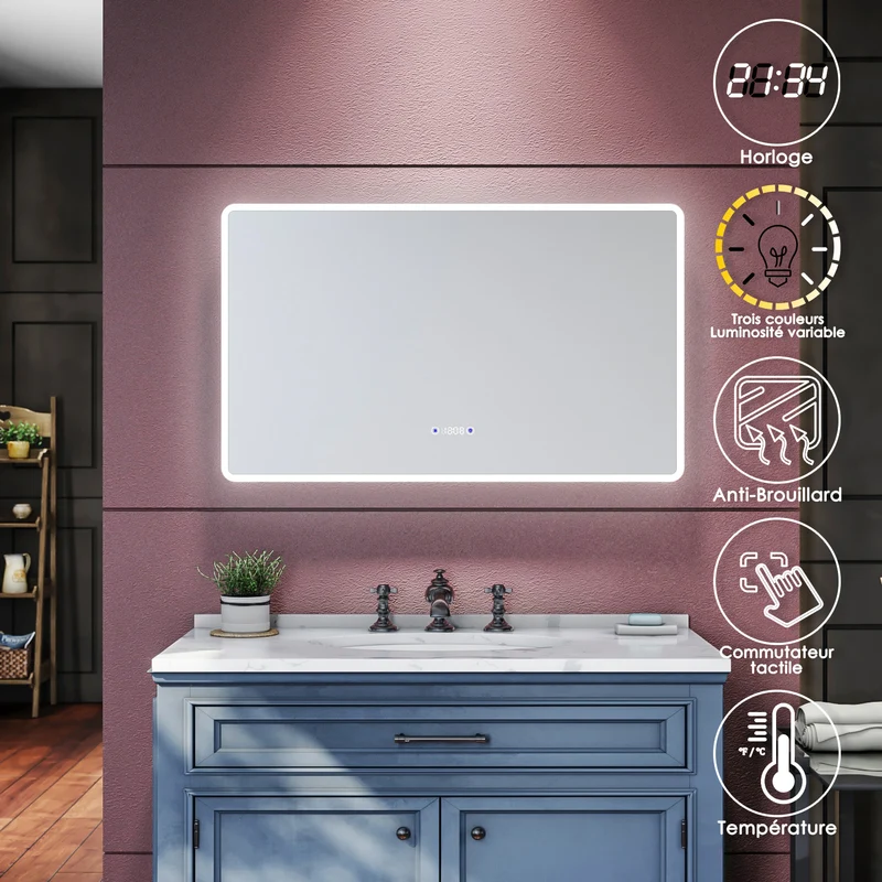 SIRHONA Miroir de salle de bains LED 1000x600x35mm - Miroir mural cosmétique - Trois températures de couleur - Anti-buée avec réglage de l'heure