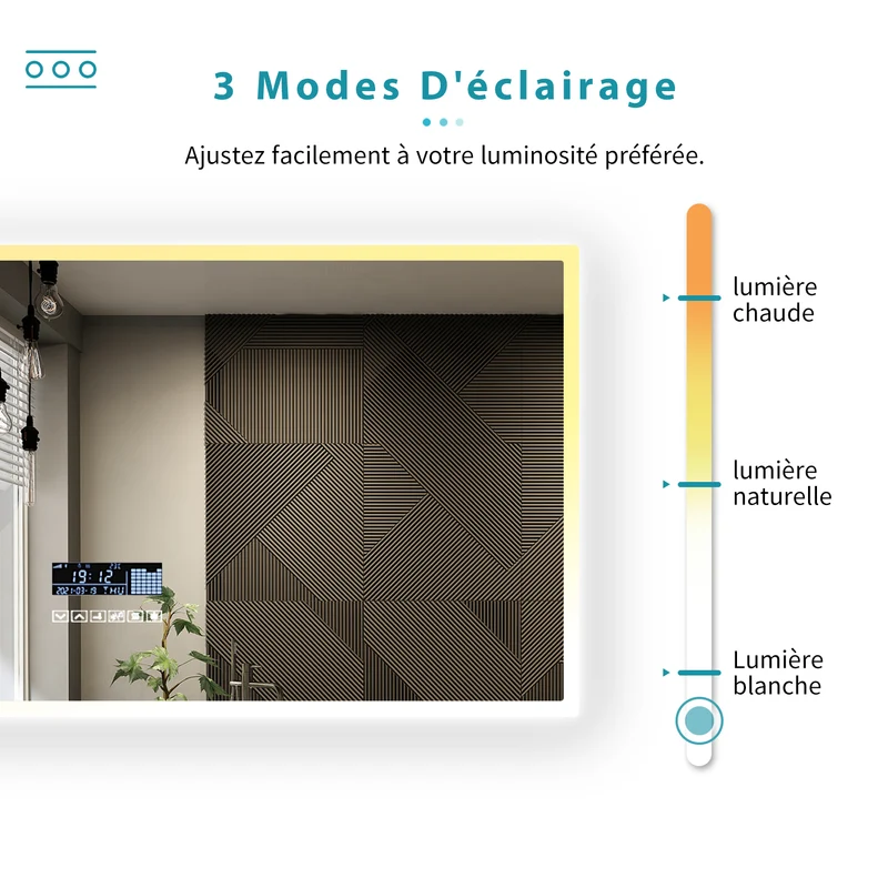 SIRHONA Miroir de salle de bains LED 1000x600x35mm - Miroir mural cosmétique - Trois températures de couleur - Anti-buée avec réglage de l'heure