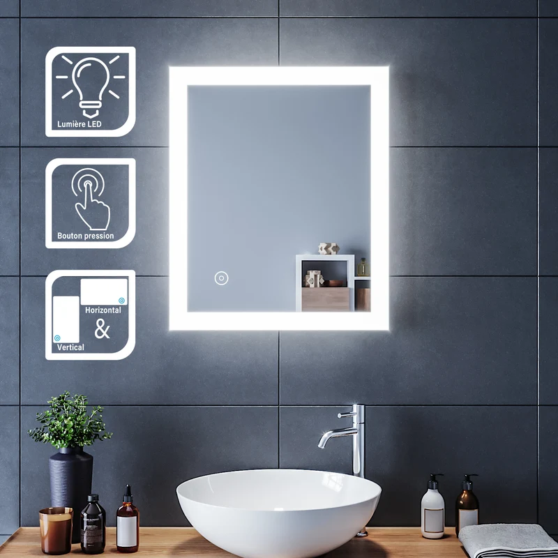 SIRHONA Miroir LED Salle de Bains avec éclairage LED Miroir Muraux AVCE Anti-buée Fonction Cosmétiques Mural Lumière Illumination