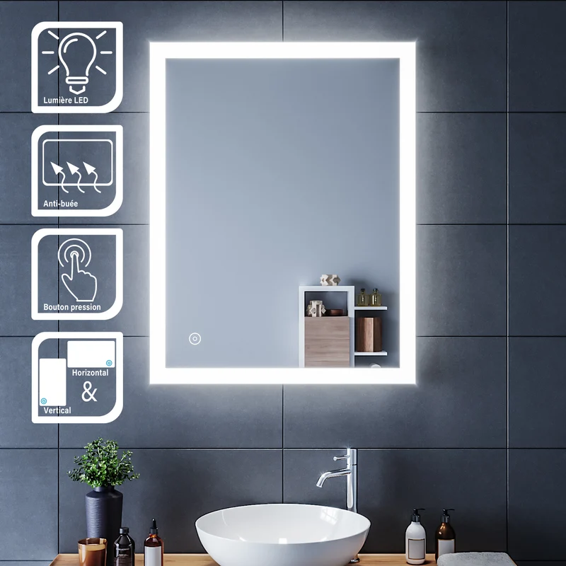 SIRHONA Miroir LED Salle de Bains avec éclairage LED Miroir Muraux AVCE Anti-buée Fonction Cosmétiques Mural Lumière Illumination