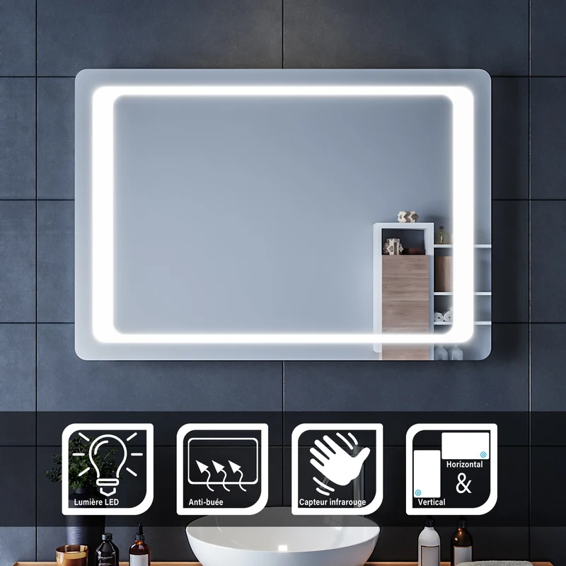 SIRHONA Miroir LED Salle de Bains avec éclairage LED Miroir Muraux AVCE Anti-buée Fonction Cosmétiques Mural Lumière Illumination