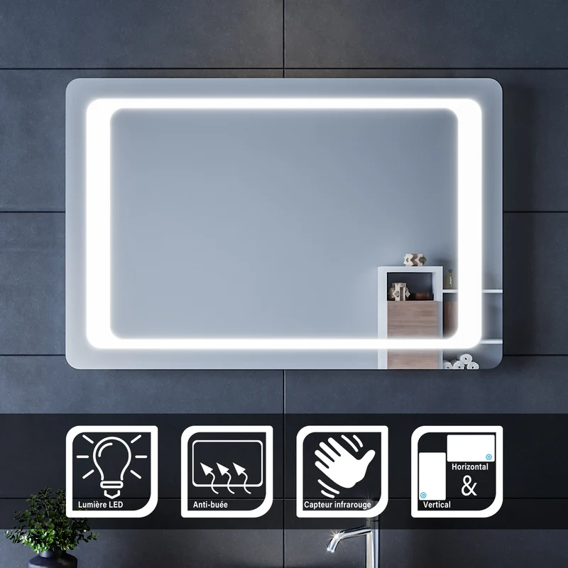SIRHONA Miroir LED Salle de Bains avec éclairage LED Miroir Muraux AVCE Anti-buée Fonction Cosmétiques Mural Lumière Illumination