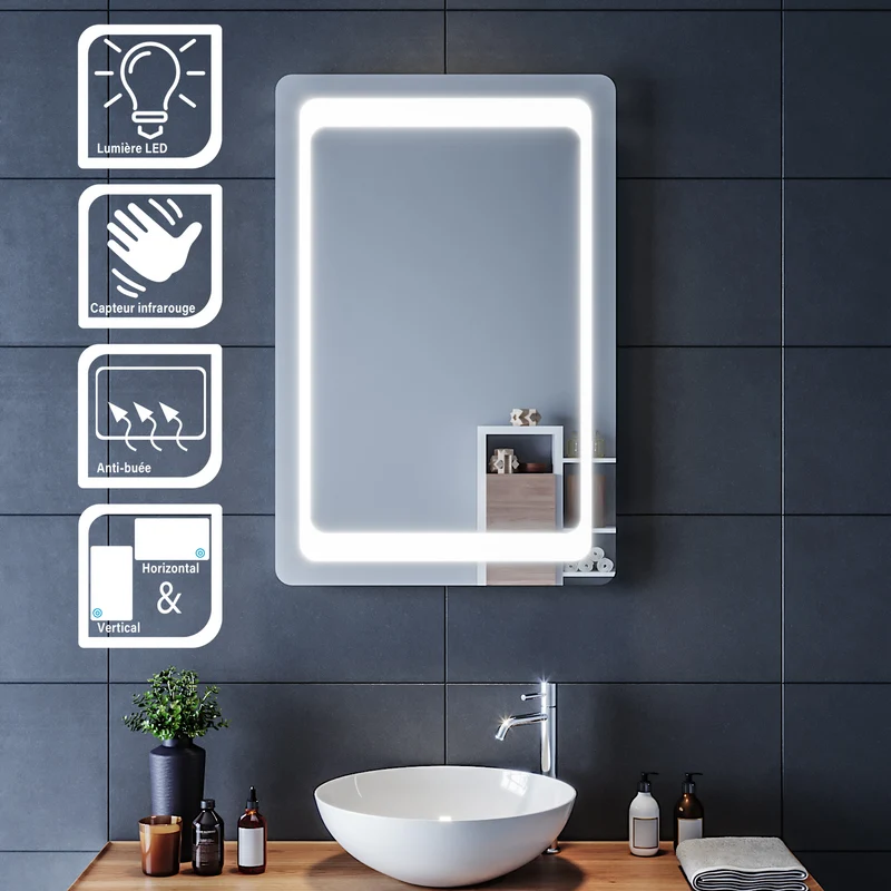 SIRHONA Miroir LED Salle de Bains avec éclairage LED Miroir Muraux AVCE Anti-buée Fonction Cosmétiques Mural Lumière Illumination