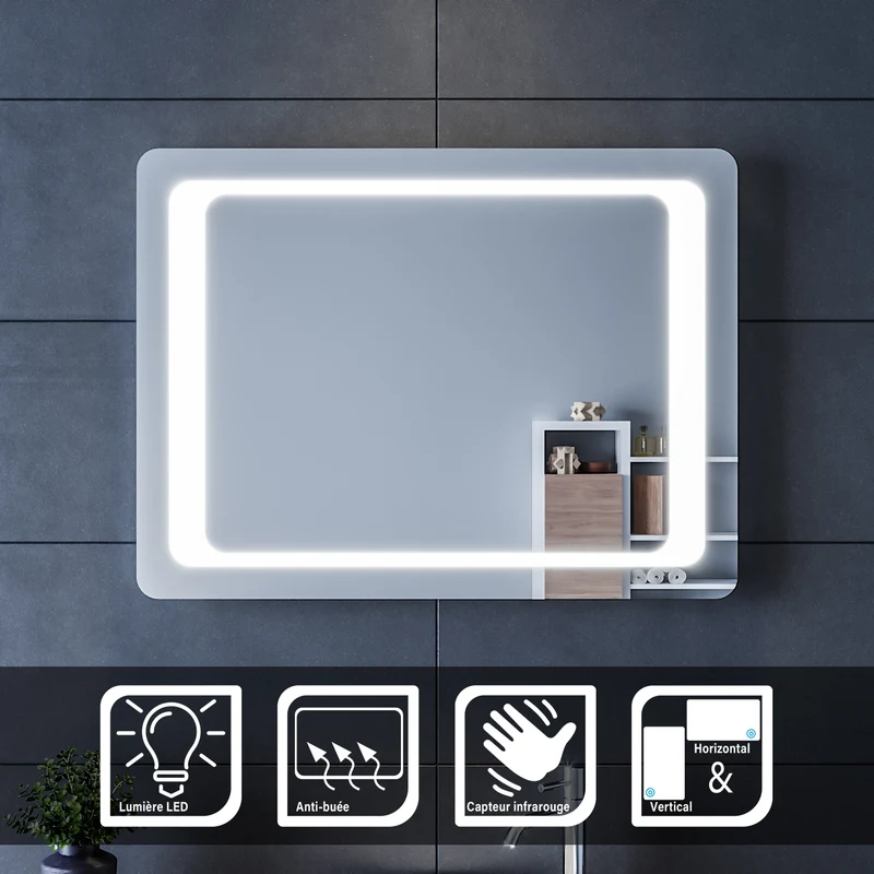 SIRHONA Miroir LED Salle de Bains avec éclairage LED Miroir Muraux AVCE Anti-buée Fonction Cosmétiques Mural Lumière Illumination