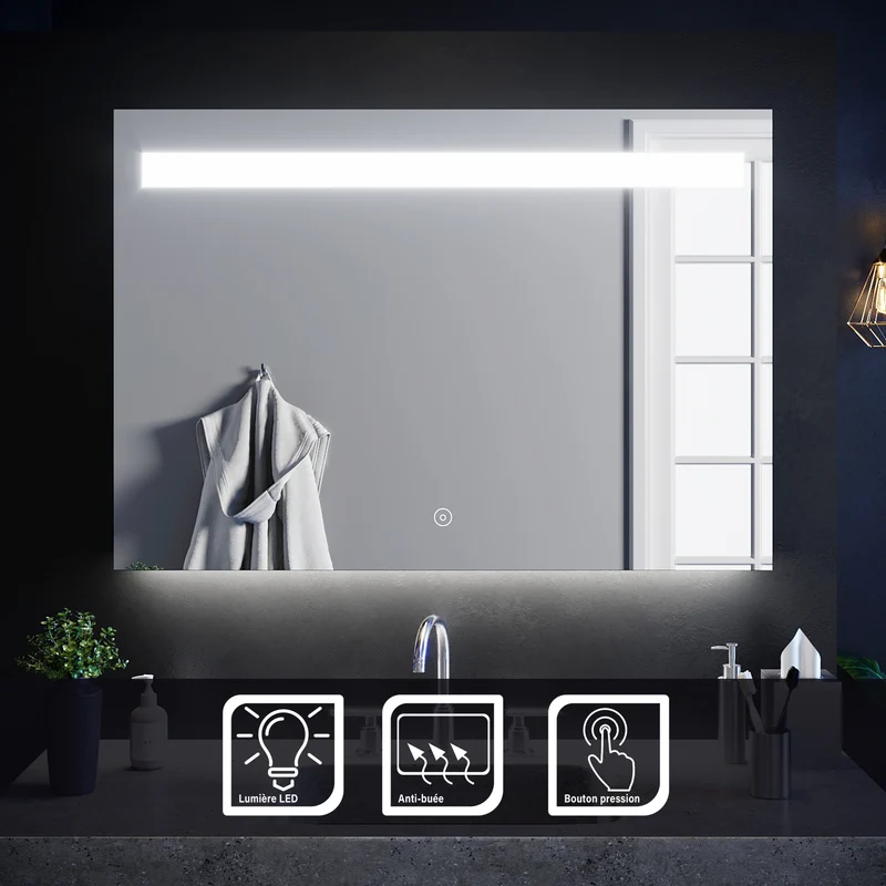SIRHONA 100x70cm LED Miroir Salle de Bains avec éclairage Cosmétiques Mural Lumière Illumination avec Commande par Effleurement Anti-buée