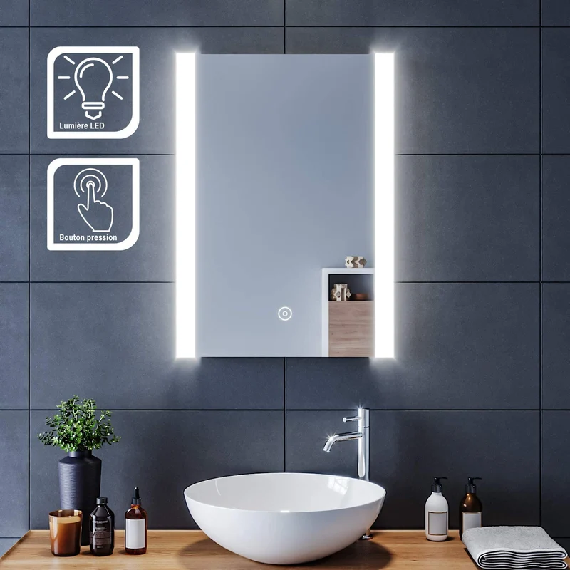 SIRHONA Miroir de salle de bain led rectangle Commutateur Anti-buée éclairage intégré blanc froid Bandes lumineuses des deux côtés 60x80 cm