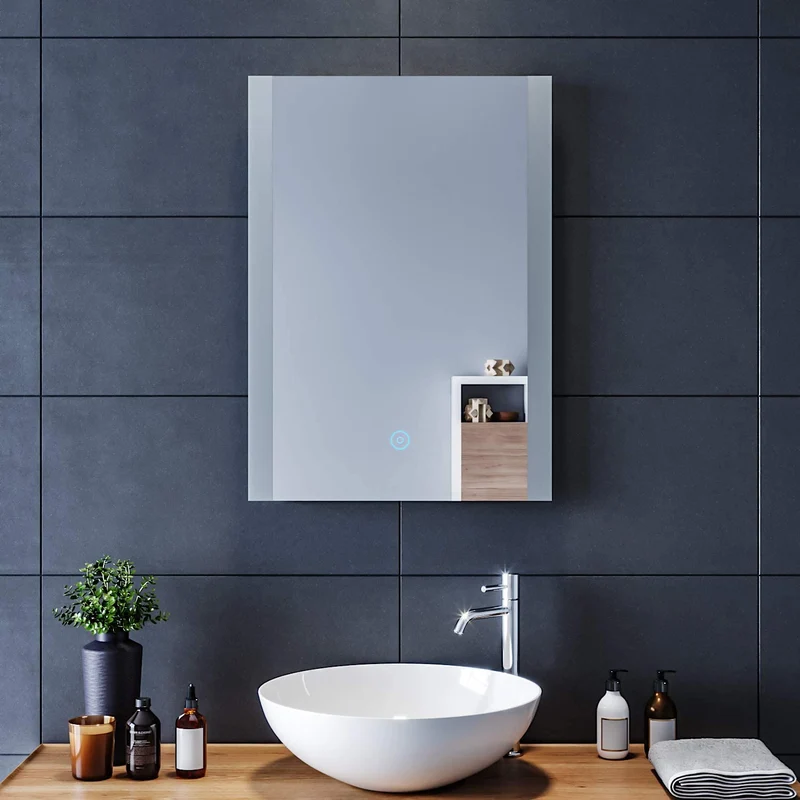 SIRHONA Miroir de salle de bain led rectangle Commutateur Anti-buée éclairage intégré blanc froid Bandes lumineuses des deux côtés 60x80 cm