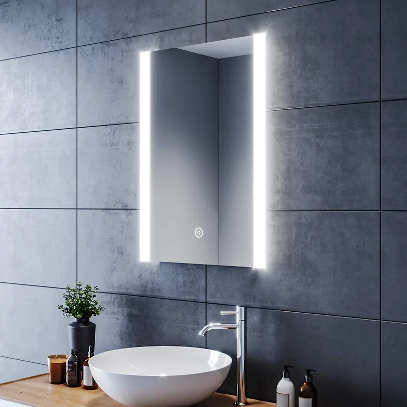 SIRHONA Miroir de salle de bain led rectangle Commutateur Anti-buée éclairage intégré blanc froid Bandes lumineuses des deux côtés 60x80 cm