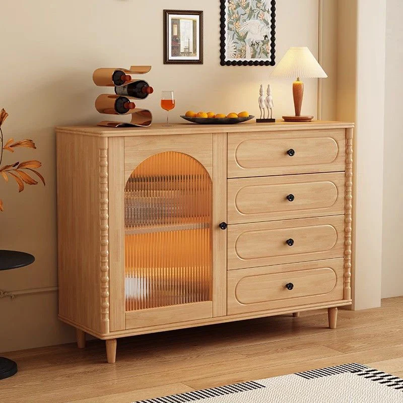Modern Minimalist Rectangular Rubberwood Plywood Glass Sideboard Storage Cabinet 4-Drawer For Living Room & Dining Room