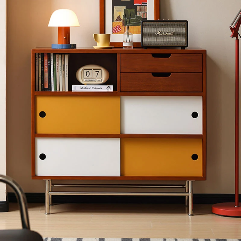 Traditional Vintage Rectangular Pine Wood Boxwood Plywood Stainless Steel Multi-Compartment Storage Cabinet 5-Tier For Living Room