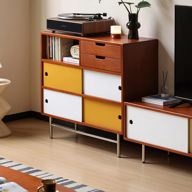 Traditional Vintage Rectangular Pine Wood Boxwood Plywood Stainless Steel Multi-Compartment Storage Cabinet 5-Tier For Living Room