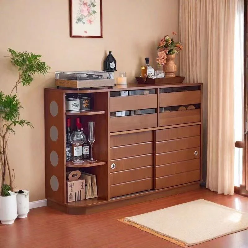 Contemporary Retro Rectangular Boxwood Plywood Stainless Steel Glass Floor-Standing Sideboard Storage Cabinet 4-Drawer For Living Room & Dining Room