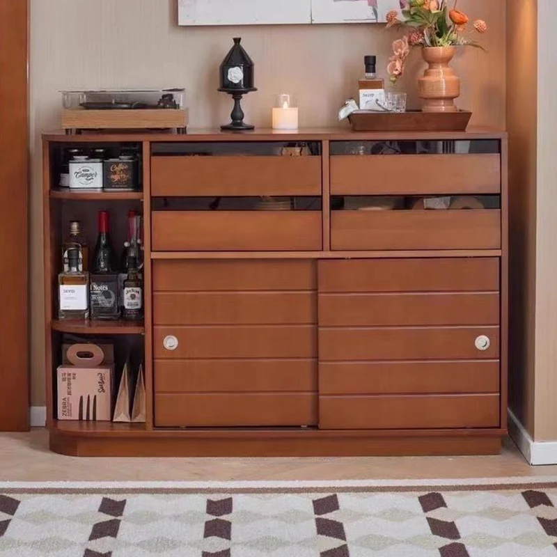 Contemporary Retro Rectangular Boxwood Plywood Stainless Steel Glass Floor-Standing Sideboard Storage Cabinet 4-Drawer For Living Room & Dining Room