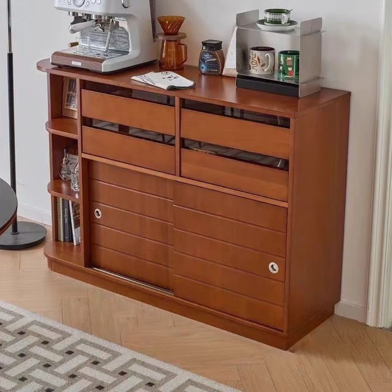 Contemporary Retro Rectangular Boxwood Plywood Stainless Steel Glass Floor-Standing Sideboard Storage Cabinet 4-Drawer For Living Room & Dining Room