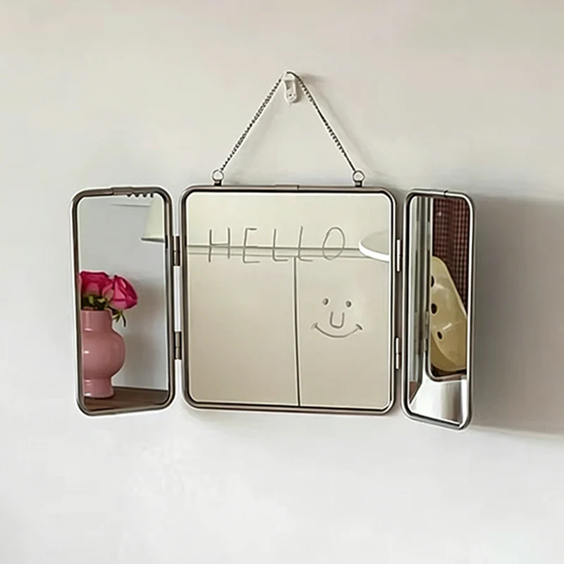 Modern Minimalist Rectangular Stainless Steel Glass Tri-Fold Wall Mirror For Bathroom
