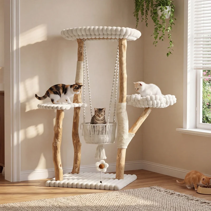 Tribesigns Arbre à chat en bois massif, Poteau à griffer de 130 cm avec hamac, zones de repos et coussins lavables