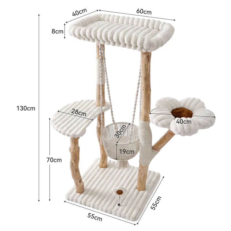 Tribesigns Arbre à chat en bois massif, Poteau à griffer de 130 cm avec hamac, zones de repos et coussins lavables