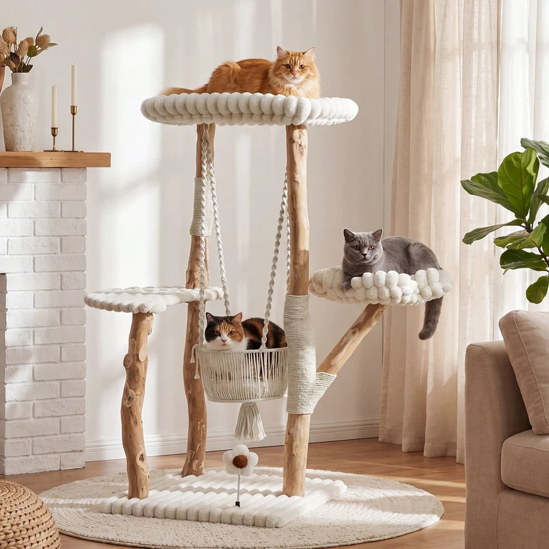 Tribesigns Arbre à chat en bois massif, Poteau à griffer de 130 cm avec hamac, zones de repos et coussins lavables