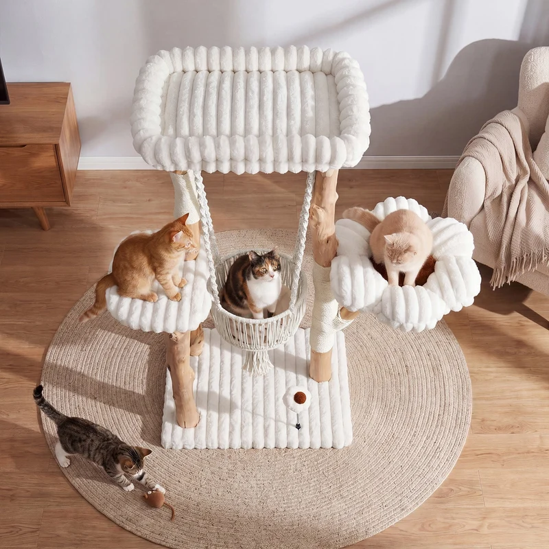 Tribesigns Arbre à chat en bois massif, Poteau à griffer de 130 cm avec hamac, zones de repos et coussins lavables