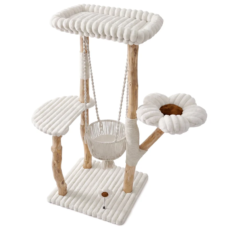 Tribesigns Arbre à chat en bois massif, Poteau à griffer de 130 cm avec hamac, zones de repos et coussins lavables