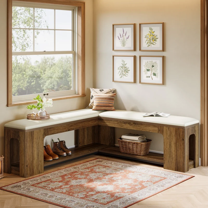 Tribesigns Banc d'angle en L avec coussin d'assise 120 cm, Banc de style ferme avec étagère à chaussures et espace de rangement ouvert