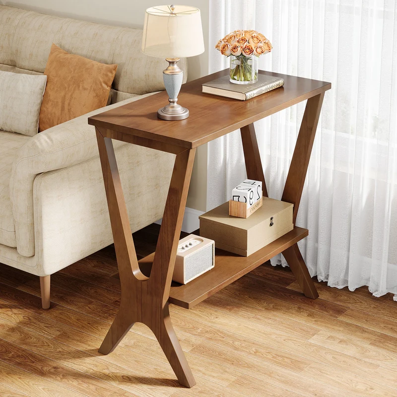 Tribesigns Table d'appoint en bois massif avec 2 étagères, Table de chevet étroite pour salon et chambre