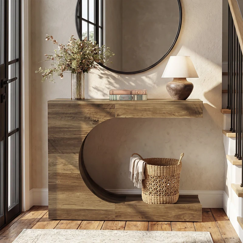Tribesigns Console 100 cm, Table d'entrée en forme de C avec 2 étagères, style campagne moderne