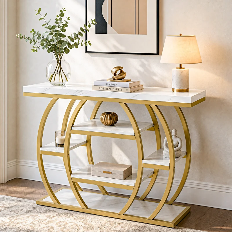 Tribesigns Console 105 cm, Table d'entrée étroite avec 5 étagères, Structure en métal doré et plateau aspect marbre