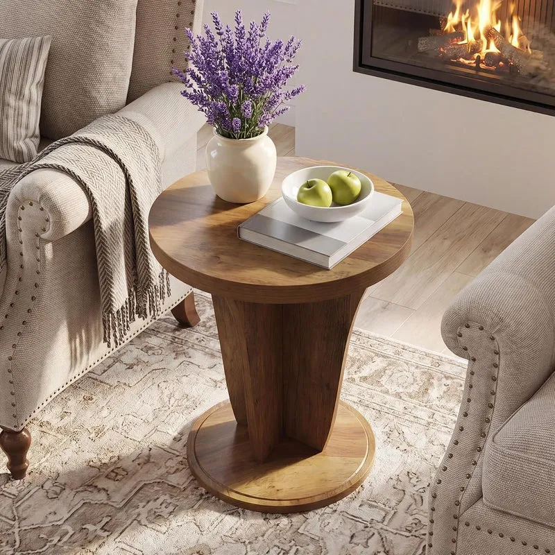 Tribesigns Table d'appoint ronde en bois pour salon, 50 cm de diamètre, Style champêtre, petite table de canapé marron