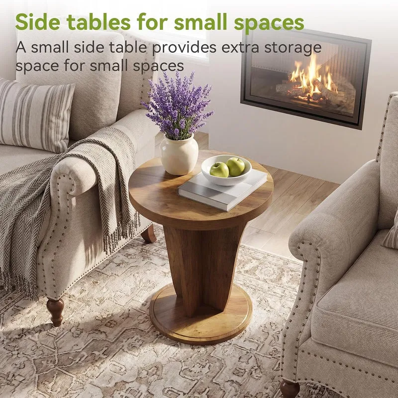 Tribesigns Table d'appoint ronde en bois pour salon, 50 cm de diamètre, Style champêtre, petite table de canapé marron