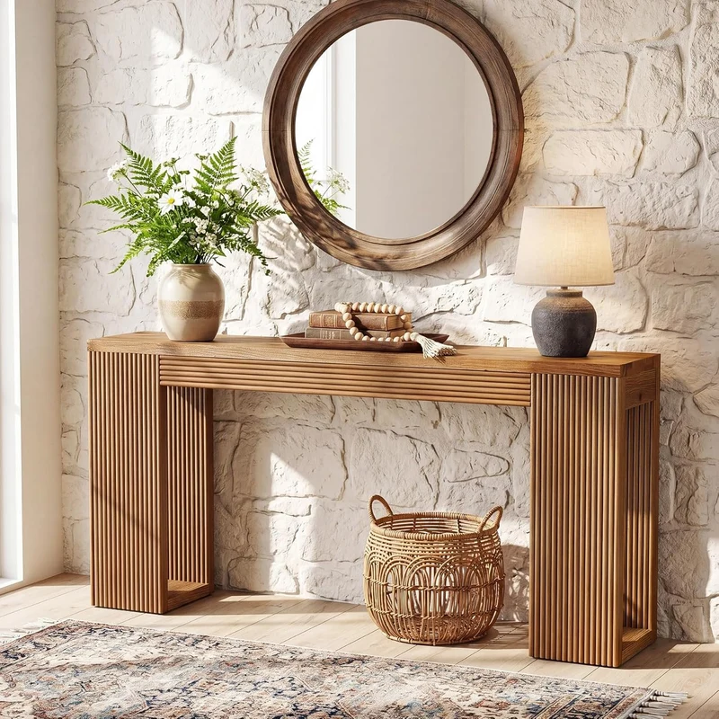 Console en bois massif de 160 cm de long, Style campagnard avec pieds cannelés