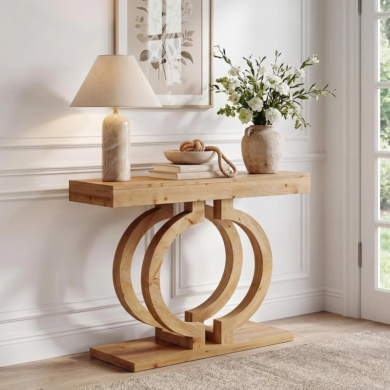 Console en bois massif, Table d'entrée de 110 cm de long en bois naturel avec un double piètement circulaire artistique, table d'appoint étroite