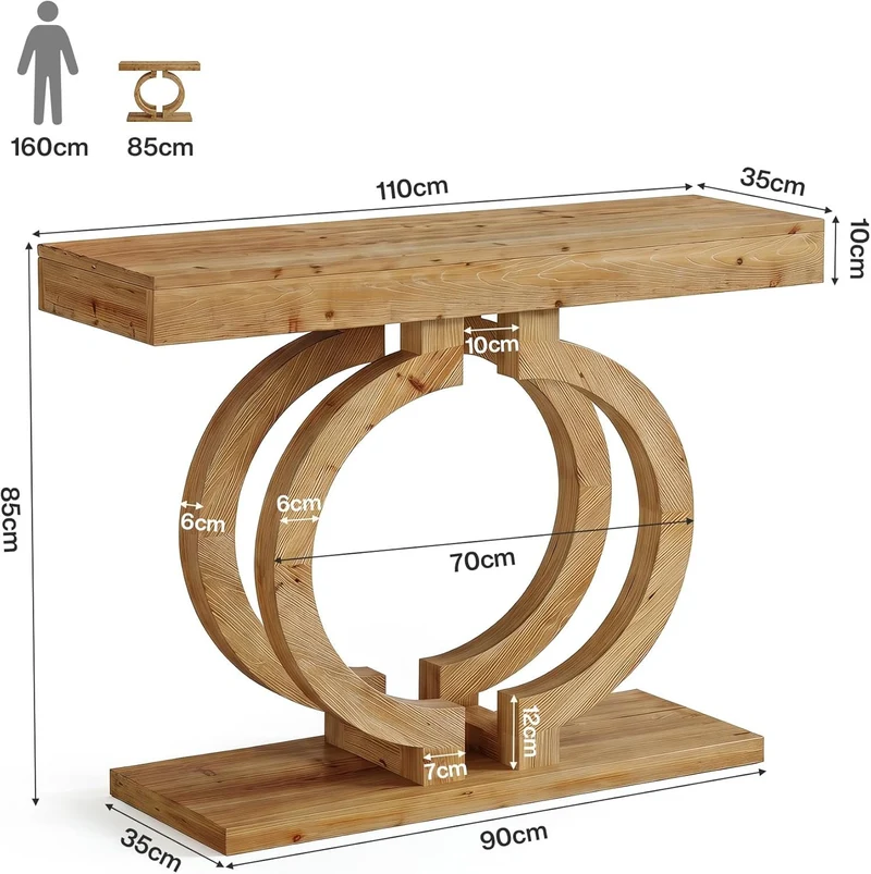 Console en bois massif, Table d'entrée de 110 cm de long en bois naturel avec un double piètement circulaire artistique, table d'appoint étroite