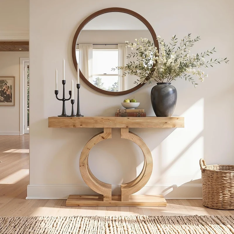 Console en bois massif, Table d'entrée de 110 cm de long en bois naturel avec un double piètement circulaire artistique, table d'appoint étroite