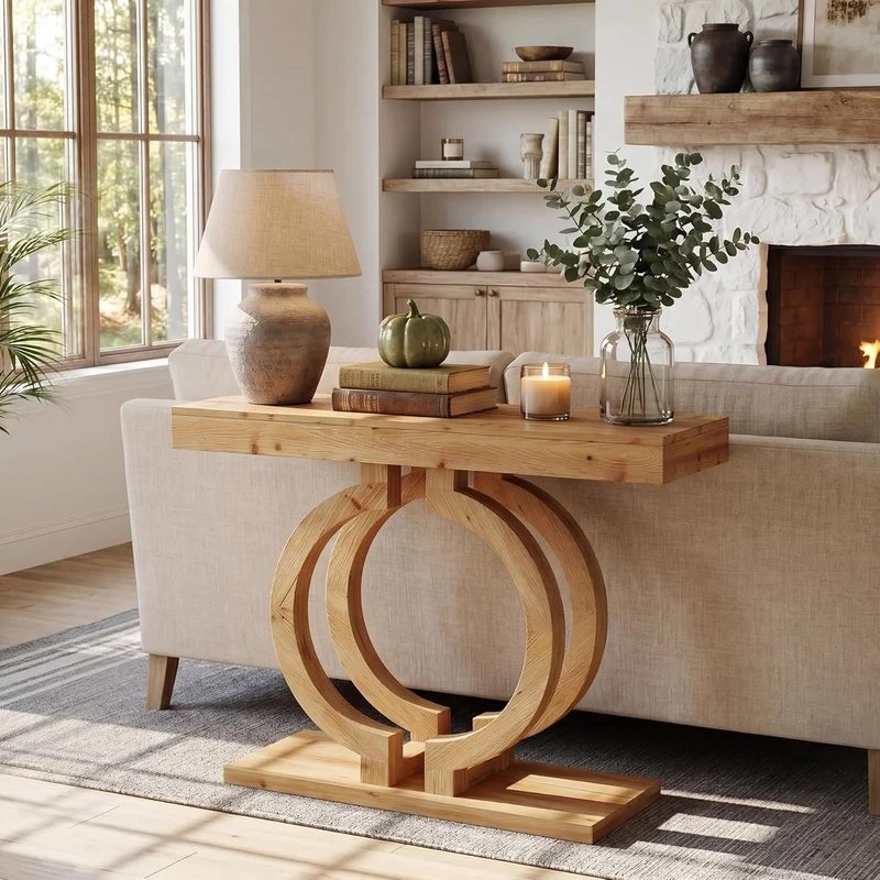 Console en bois massif, Table d'entrée de 110 cm de long en bois naturel avec un double piètement circulaire artistique, table d'appoint étroite