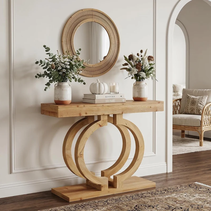Console en bois massif, Table d'entrée de 110 cm de long en bois naturel avec un double piètement circulaire artistique, table d'appoint étroite
