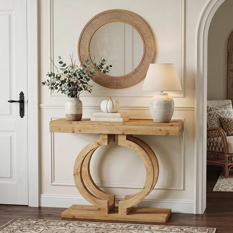Console en bois massif, Table d'entrée de 110 cm de long en bois naturel avec un double piètement circulaire artistique, table d'appoint étroite